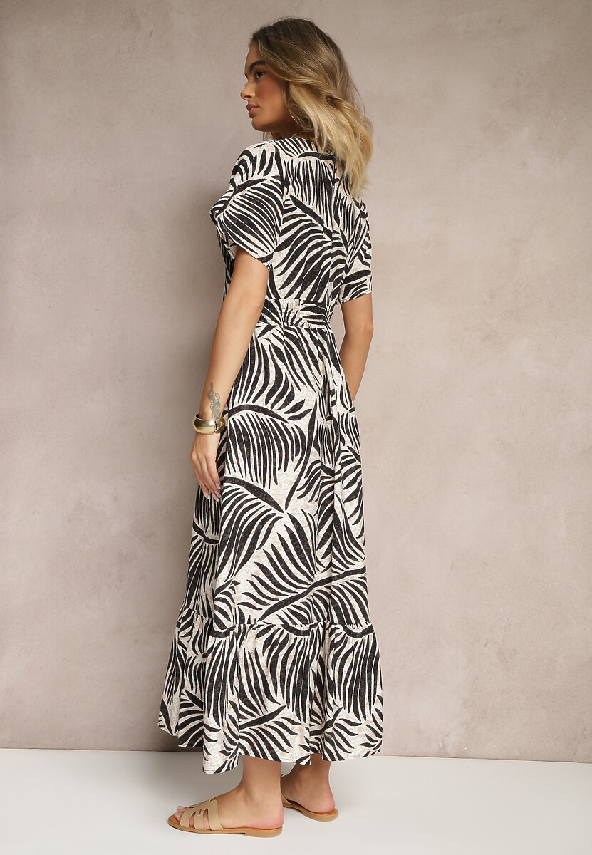 Czarna Sukienka Wiskozowa o Rozkloszowanym Kroju w Liściasty Wzór Beledia