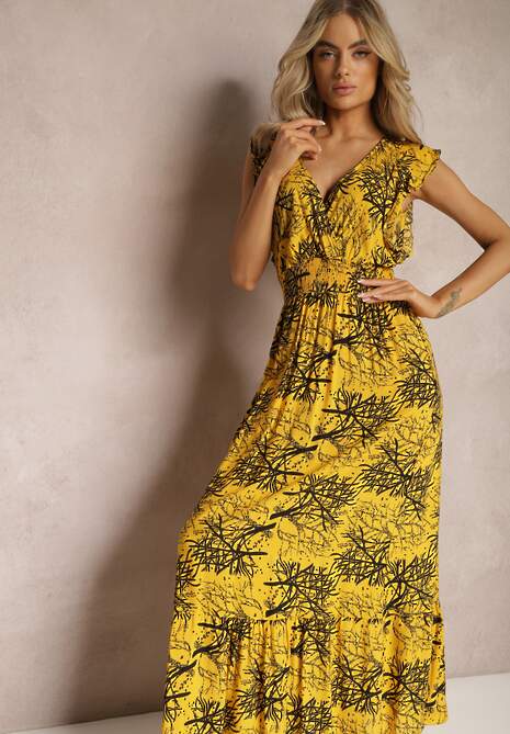 Żółta Rozkloszowana Sukienka z Wiskozy Maxi z Kopertowym Dekoltem Luksia