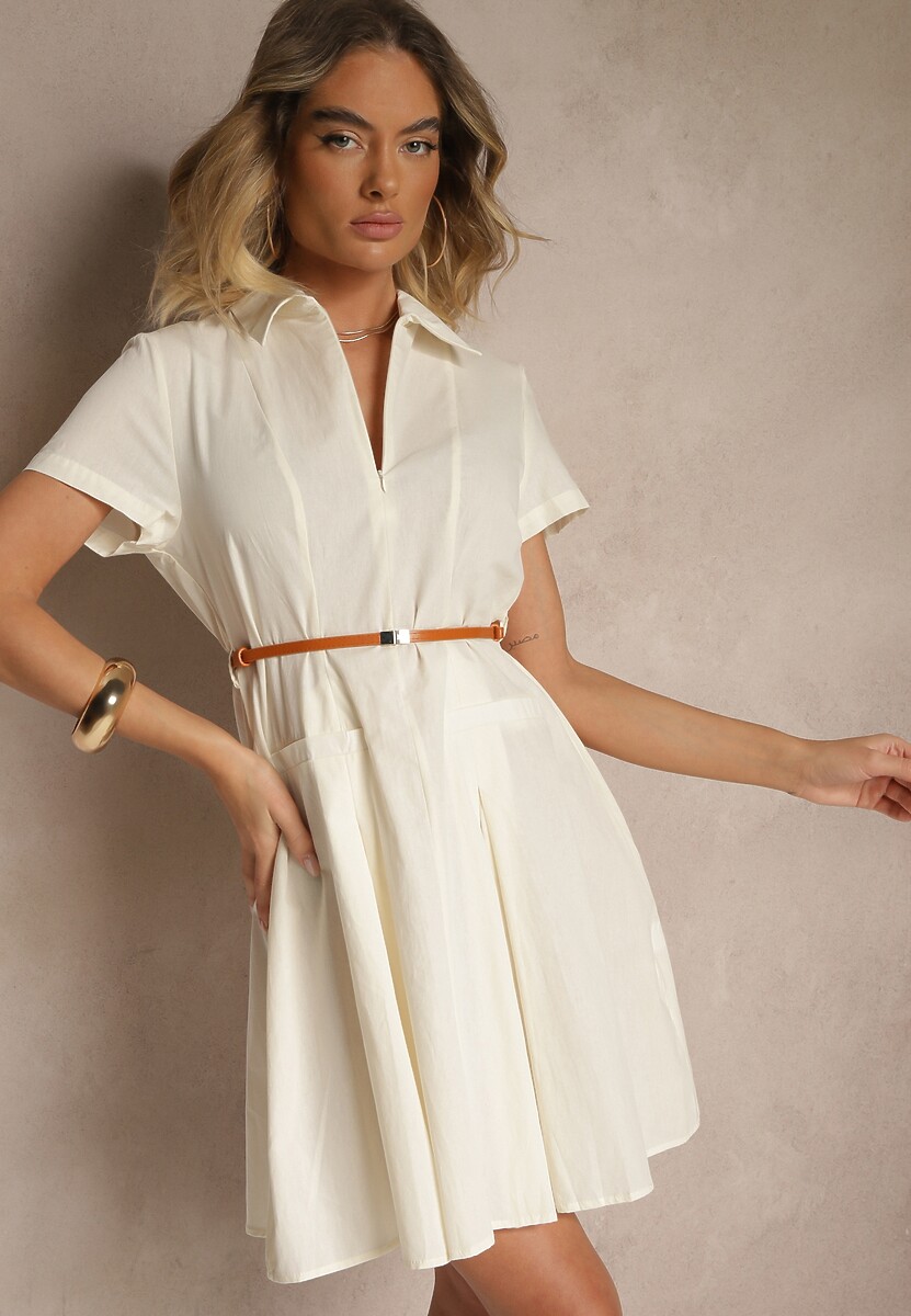 Beżowa Sukienka Koszulowa z Cienkim Paskiem w Talii Weolessa