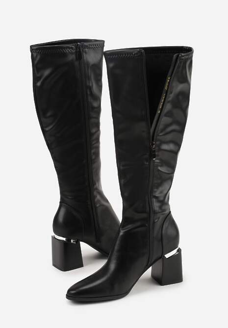 Czarne Klasyczne Kozaki VICES na Słupkowym Obcasie z Metaliczną Aplikacją Rannora