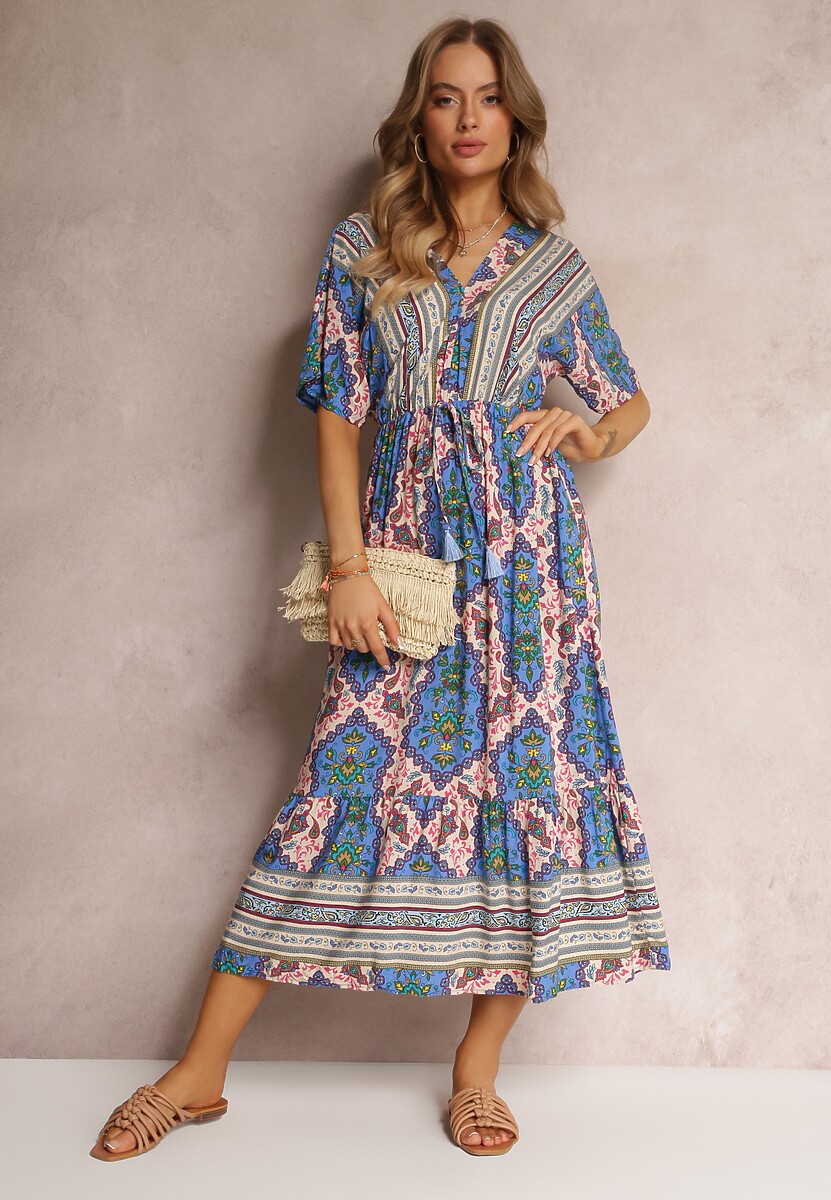 Niebieska Wiskozowa Sukienka Maxi z Gumką w Pasie i Falbanką Cophine