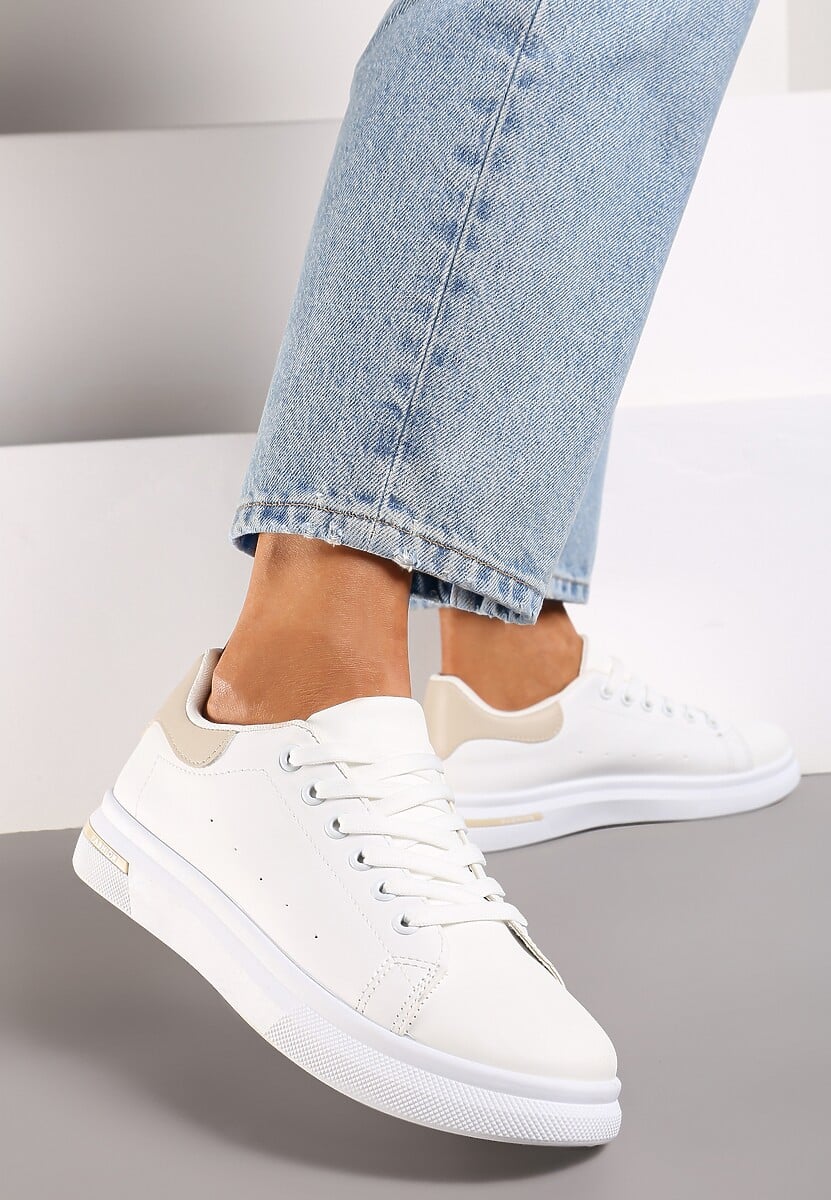 Biało-Beżowe Wiązane Sneakersy na Płaskiej Podeszwie z Modną Wstawką Zanelih