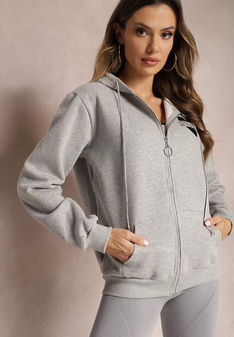 Szara Dzianinowa Bluza na Suwak z Kapturem Heliozze