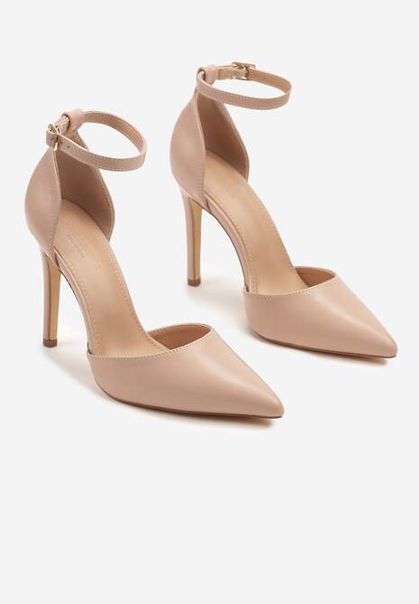 Beżowe Szpilki z Noskiem w Szpic i Paskiem przy Kostce Elarimea