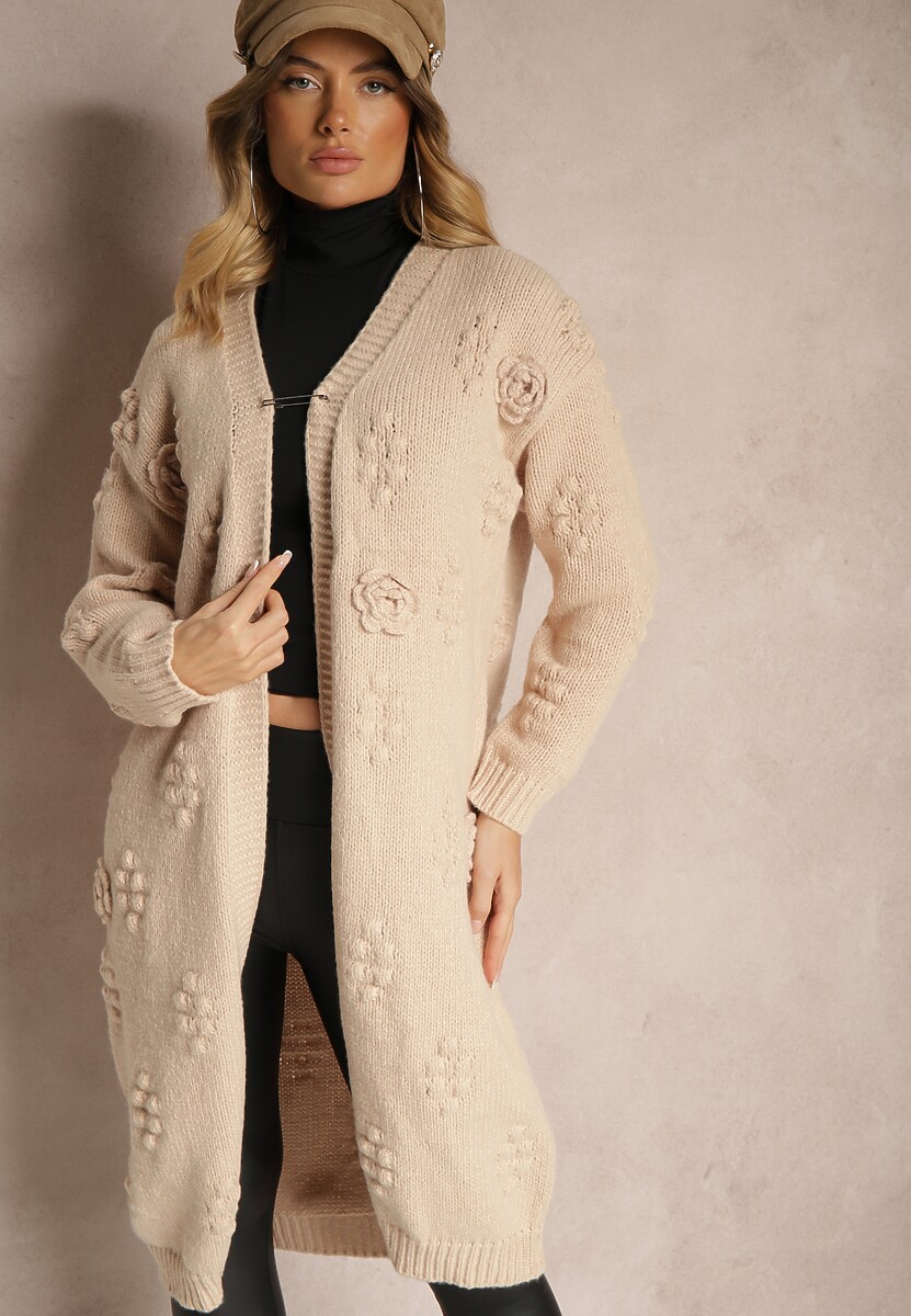 Brązowy Kardigan z Wełną i Wiskozą Ozdobiony Tłoczeniem Besisia