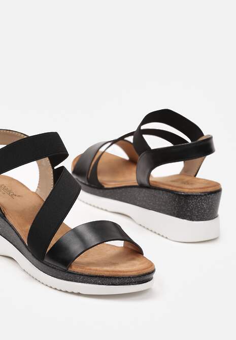 Czarne Casualowe Sandały na Niskim Koturnie z Brokatem i Elastycznym Paskiem Thani