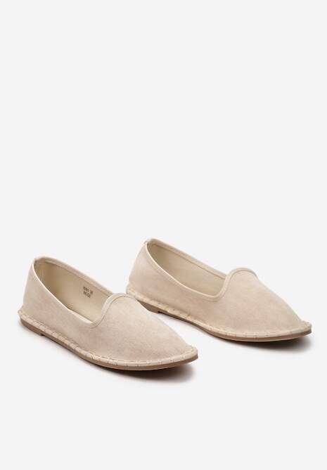 Beżowe Materiałowe Balerinki na Płaskim Obcasie z Okrągłym Noskiem Apreseha