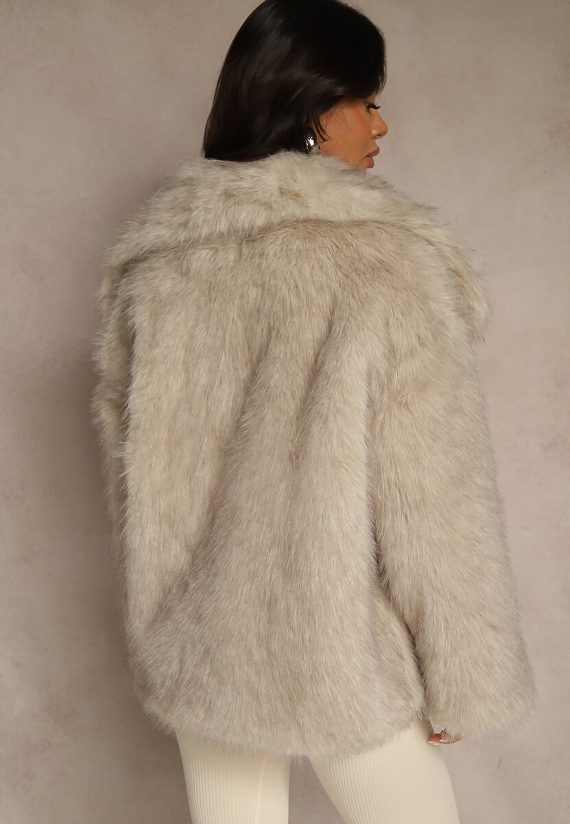 Beżowa Dwurzędowa Kurtka Futerko Oversize Nenalla