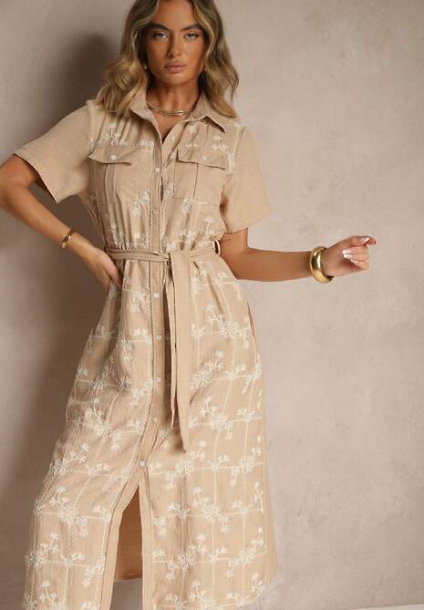 Beżowa Koszulowa Sukienka z Wiązanym Paskiem Zdobiona Haftem Malinnessa