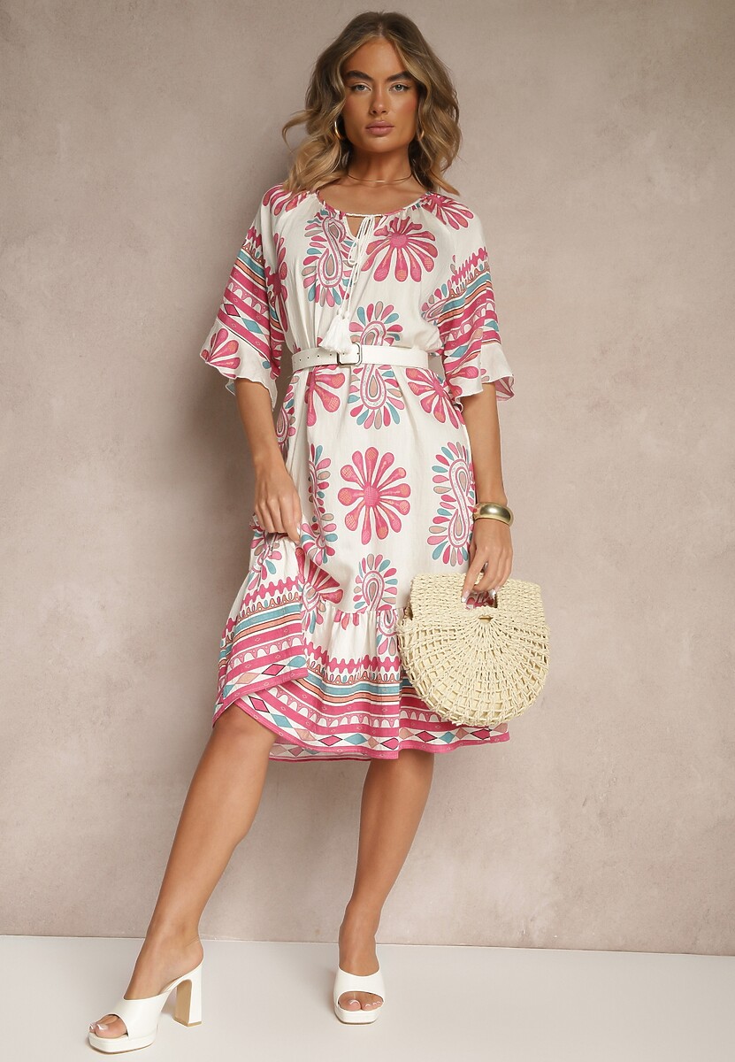 Różowa Pudełkowa Sukienka z Wiskozy w Abstrakcyjny Wzór Revirelle