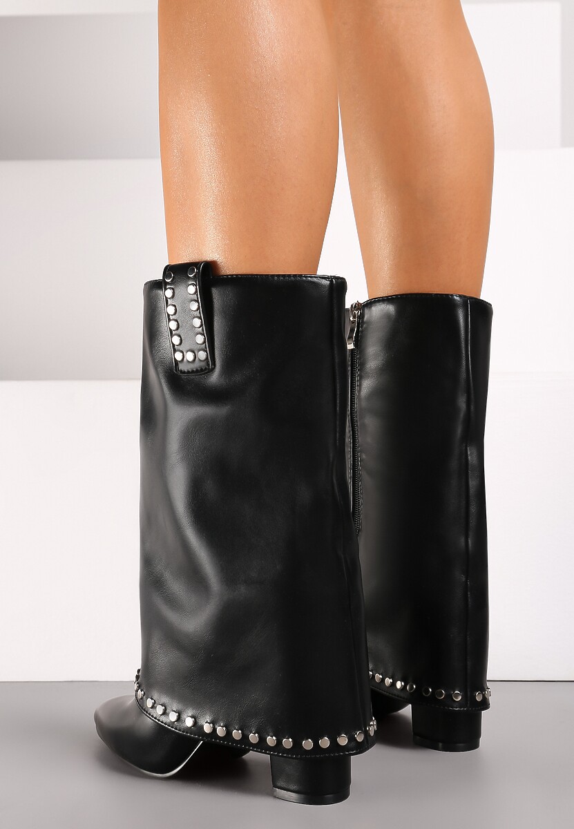 Czarne Botki na Słupku Ozdobione Nitami i Wywiniętą Cholewką Lorelianna