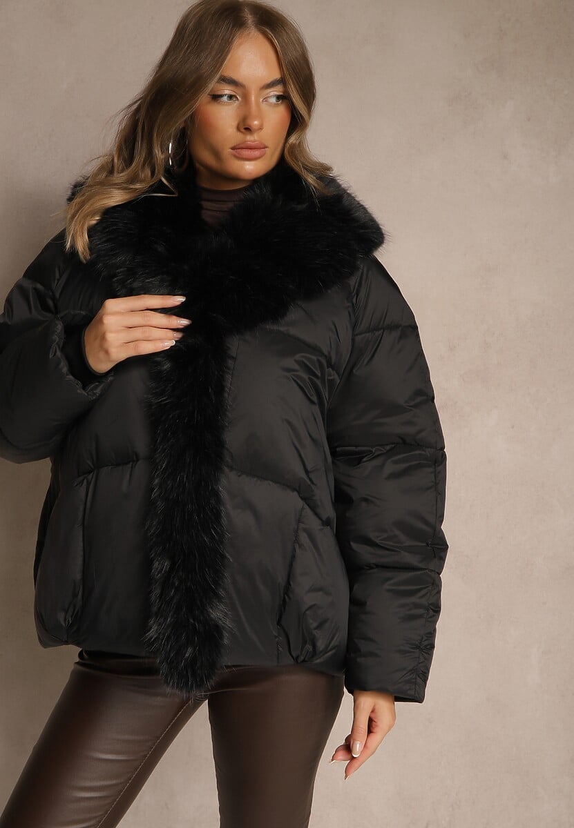 Brązowa Oversizowa Kurtka z Pikowanymi Przeszyciami i Futrem Silvitila