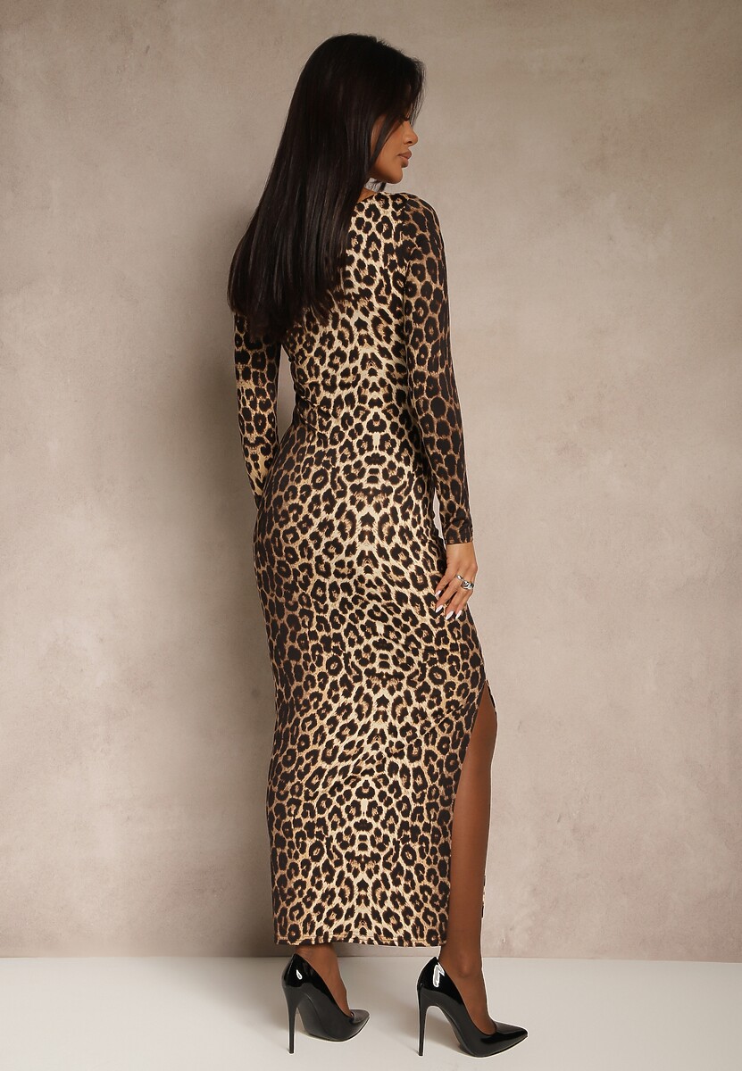 Brązowa Panterkowa Marszczona Sukienka o Dopasowanym Kroju z Ozdobnym Rozcięciem Selavira