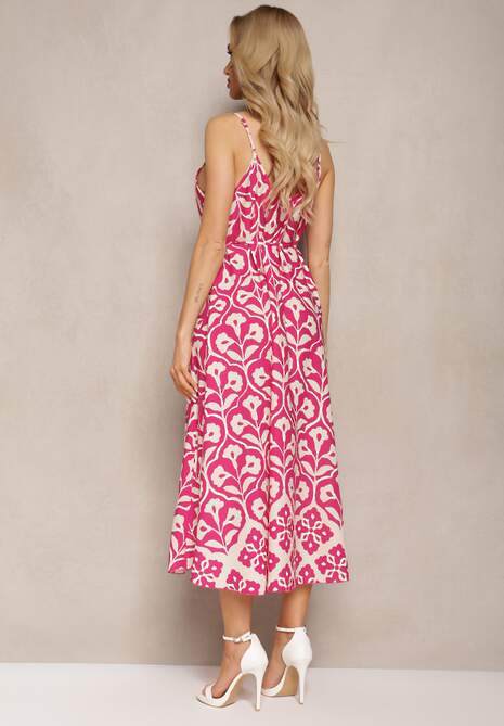 Fuksjowa Trapezowa Sukienka Ściągana Troczkiem na Ramiączkach Illseta