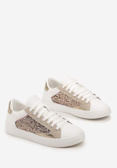 Biało-Złote Sneakersy na Płaskiej Podeszwie z Ozdobnymi Wstawkami i Brokatem Jivina