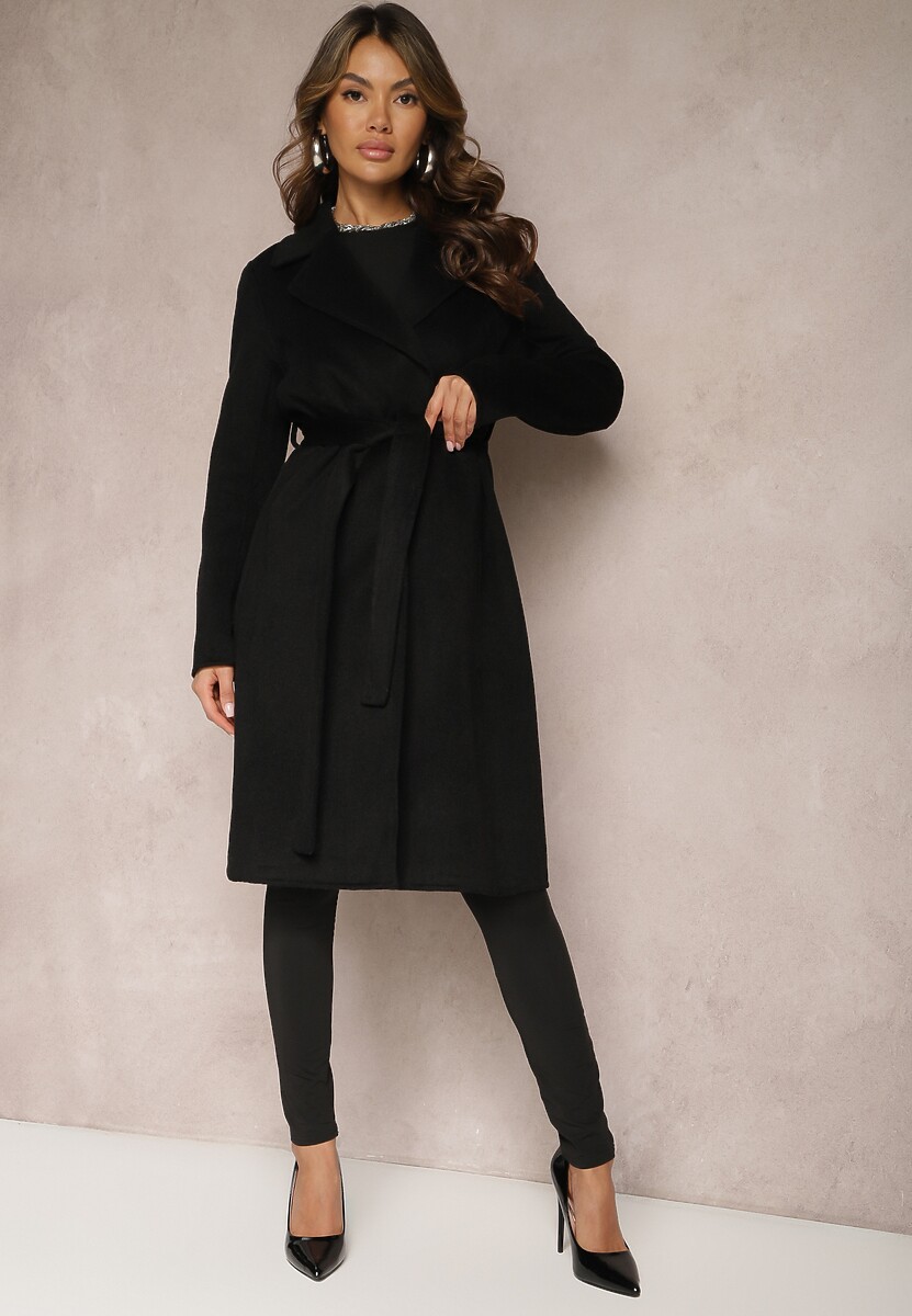 Brązowy Gładki Płaszcz z Materiałowym Paskiem i Zapięciem na Napy Arkella