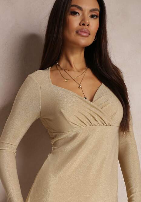 Beżowa Sukienka Kopertowa Dopasowana Anelile