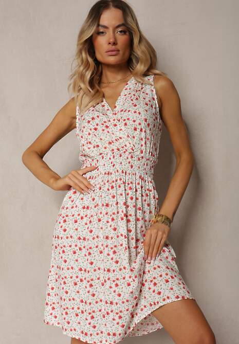 Biało-Różowa Kopertowa Sukienka z Wiskozy w Kwiaty Wykończona Gumką w Talii Innavia