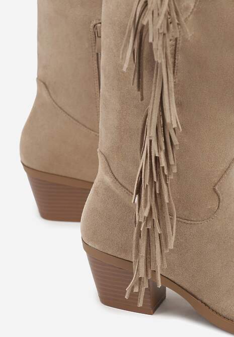 Ciemnobeżowe Kozaki Kowbojki na Stożku Ozdobione Frędzlami Reianeva