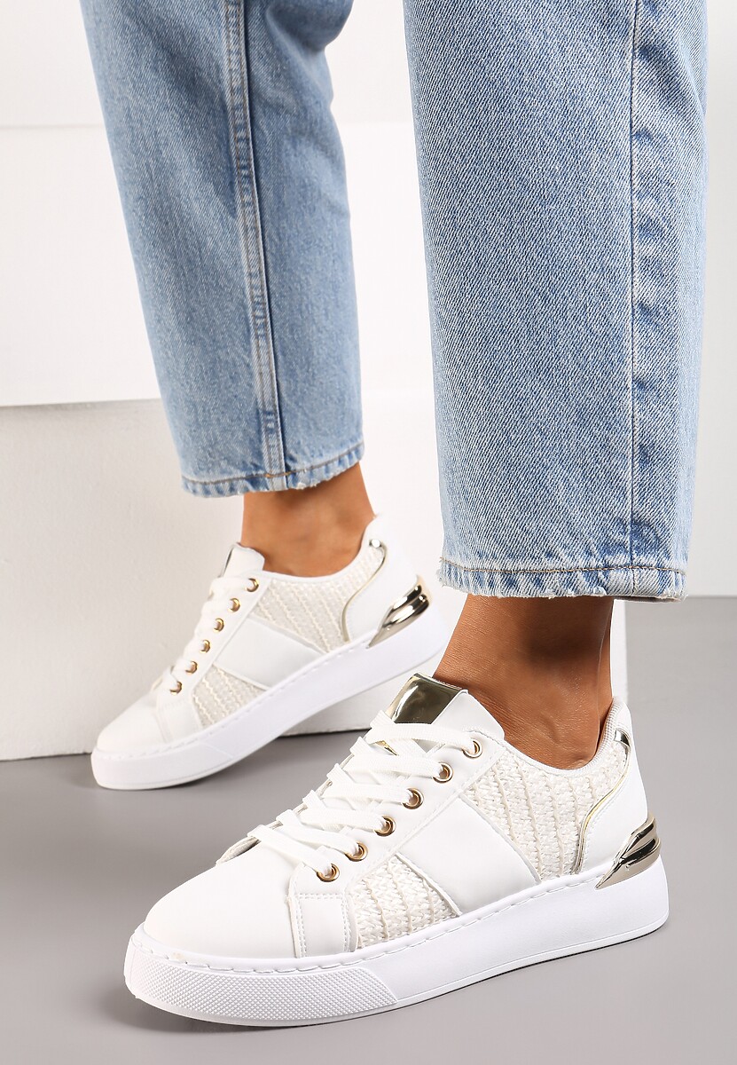 Biało-Beżowe Sznurowane Sneakersy z Ekoskóry z Plecionką i Metaliczną Wstawką Josephina