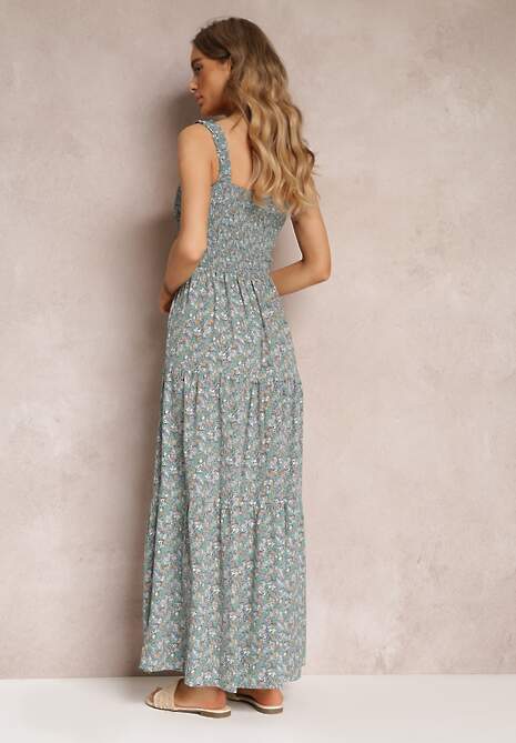 Jasnoniebieska Rozkloszowana Sukienka w Kwiaty na Ramiączkach Malaisia