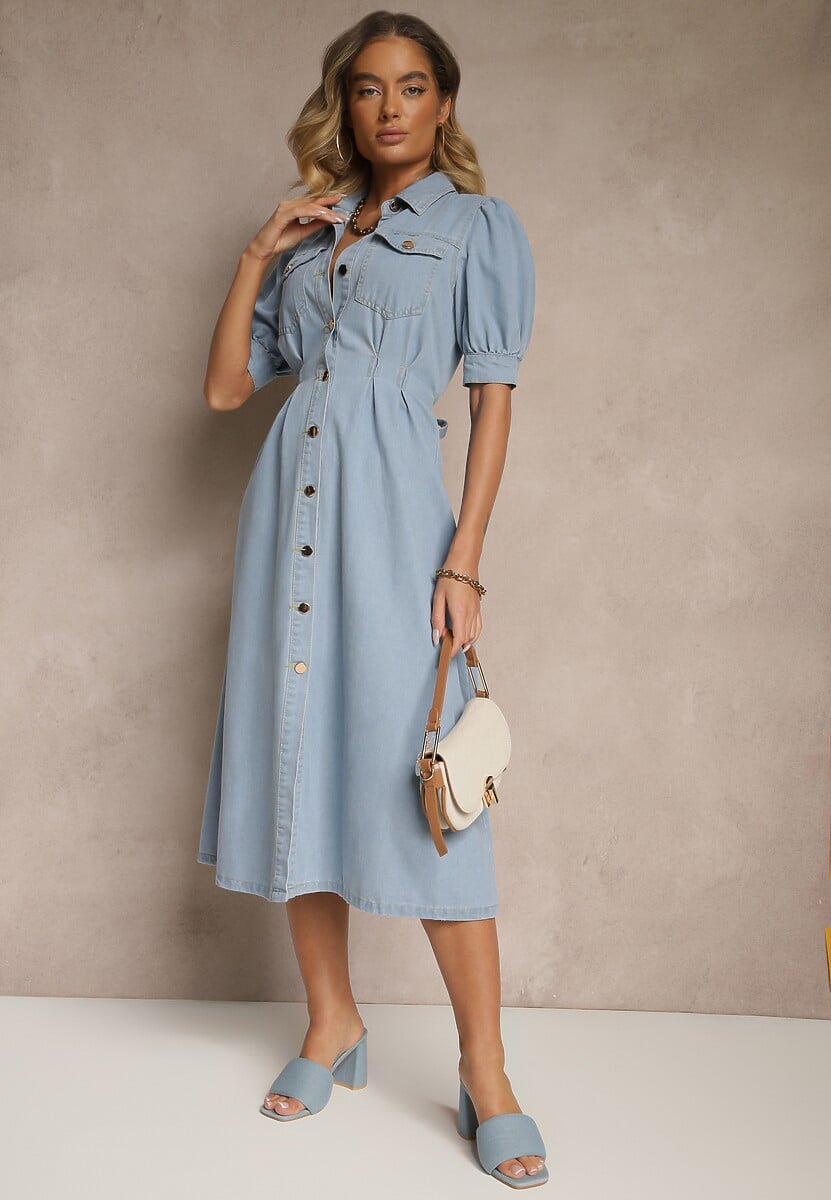 Jasnoniebieska Jeansowa Sukienka Koszulowa z Bufiastymi Rękawami i Paskiem Evirona