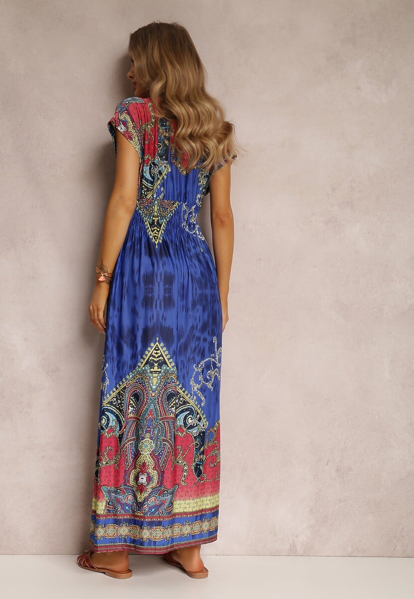 Niebieska Sukienka o Kopertowym Kroju w Ornamentalny Print Nalori