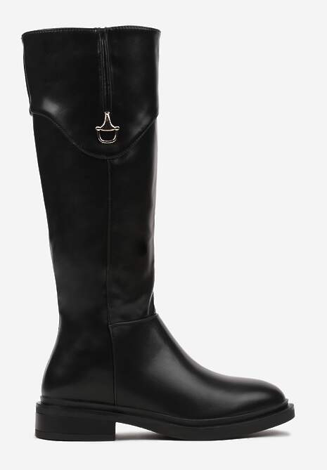 Czarne Kozaki na Płaskiej Podeszwie z Metaliczną Ozdobą Terelita