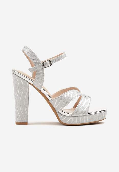 Srebrne Sandały na Słupku i Platformie z Brokatem Toliranna