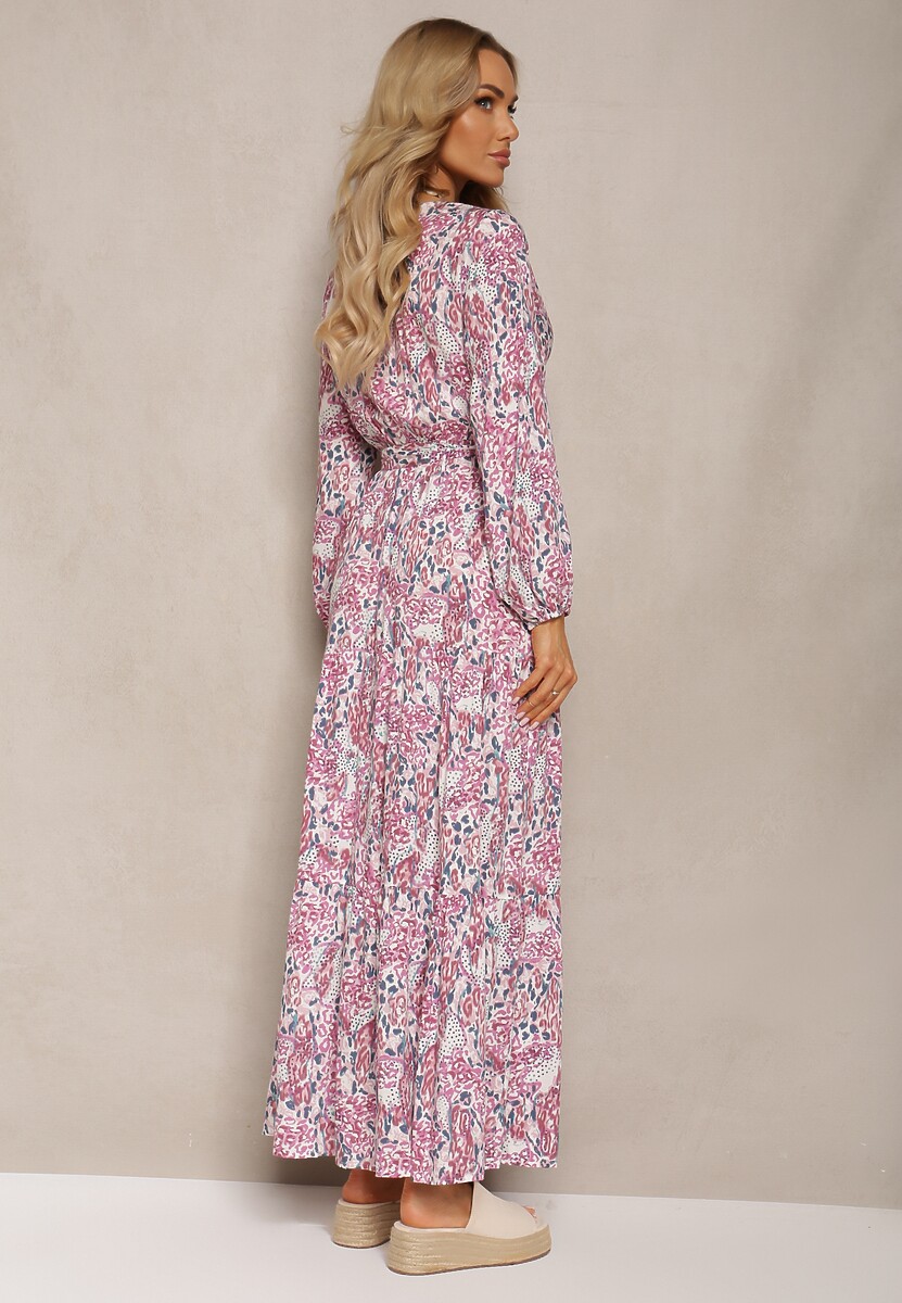 Biało-Czerwona Sukienka z Wiskozy z Trójkątnym Dekoltem i Gumką w Talii z Materiałowym Paskiem Funella