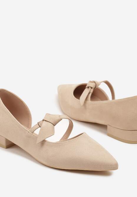 Beżowe Czółenka Vices na Płaskiej Podeszwie ze Skórzaną Wkładką z Supełkiem Liliarine