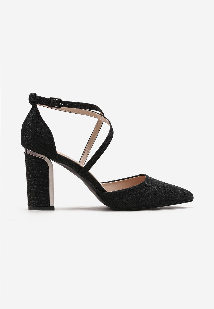 Czarne Czółenka na Słupku z Brokatem i Paskami Christin