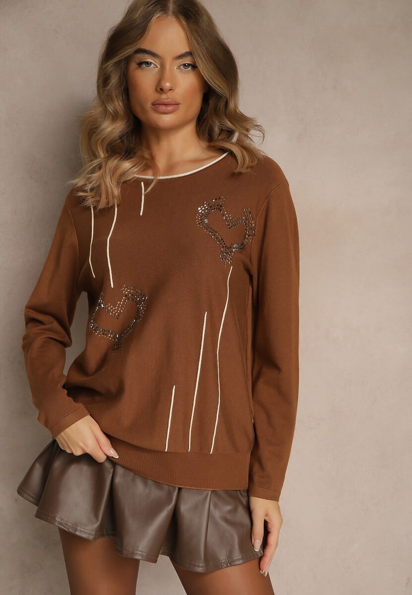 Brązowy Sweter z Cyrkoniowymi Sercami Unorevia
