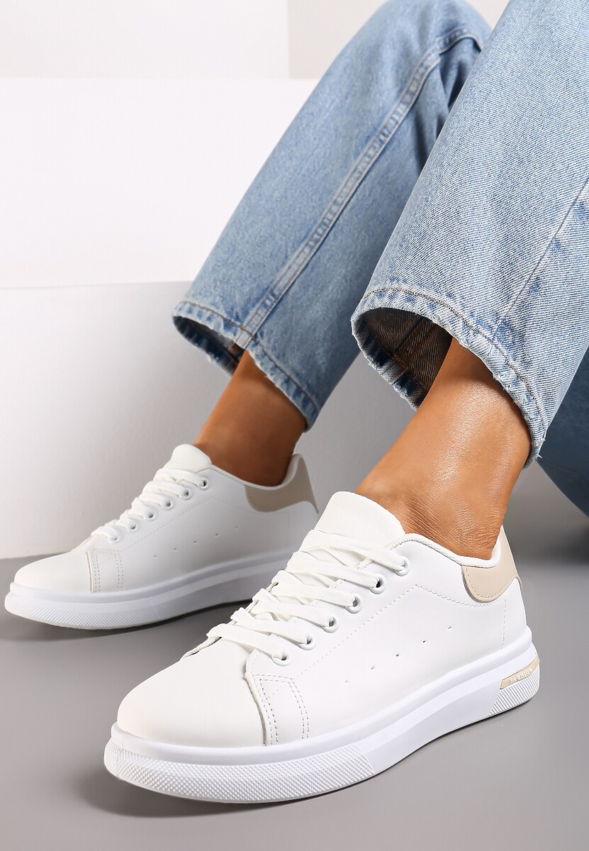 Biało-Beżowe Wiązane Sneakersy na Płaskiej Podeszwie z Modną Wstawką Zanelih