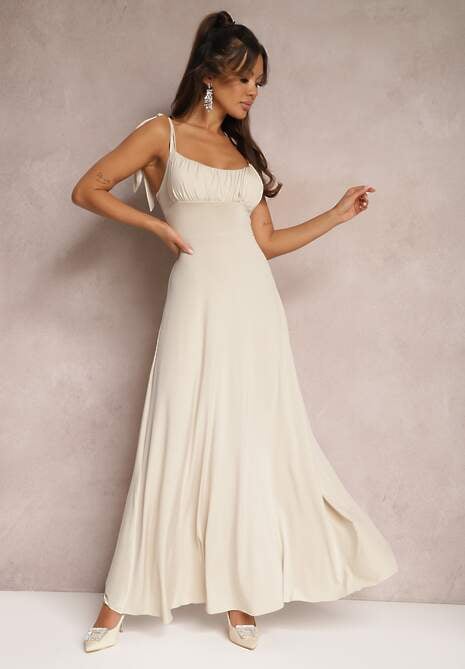 Beżowa Długa Sukienka z Marszczonym Dekoltem i Wiązanymi Ramiączkami Rozvita