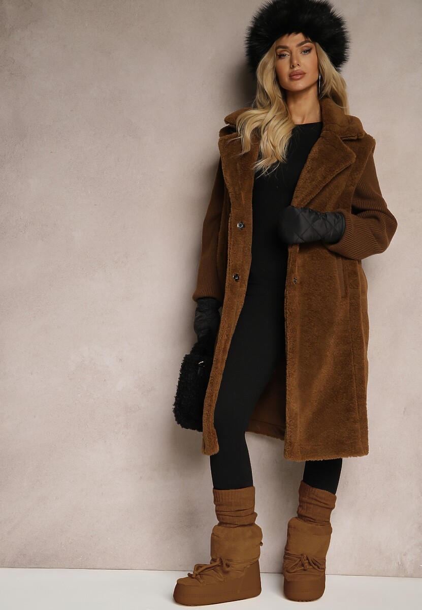 Brązowy Płaszcz Futerko z Rękawami z Dzianiny Ravileth