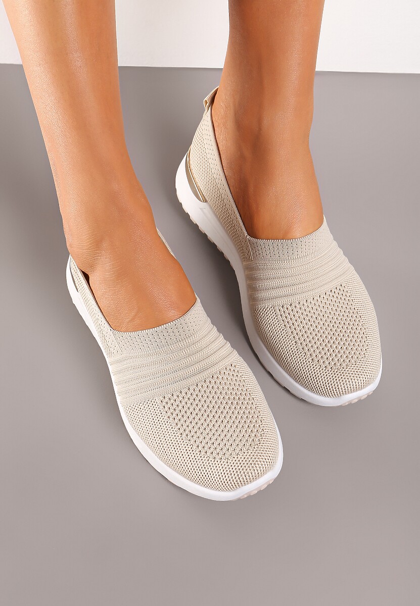 Beżowe Tenisówki Elastyczne z Metaliczną Wstawką na Zapiętku Jestella