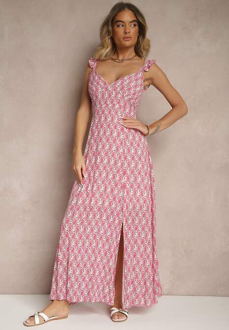 Fuksjowa Sukienka z Wiskozy z Falbankami w Kwiatowy Wzór Redeine