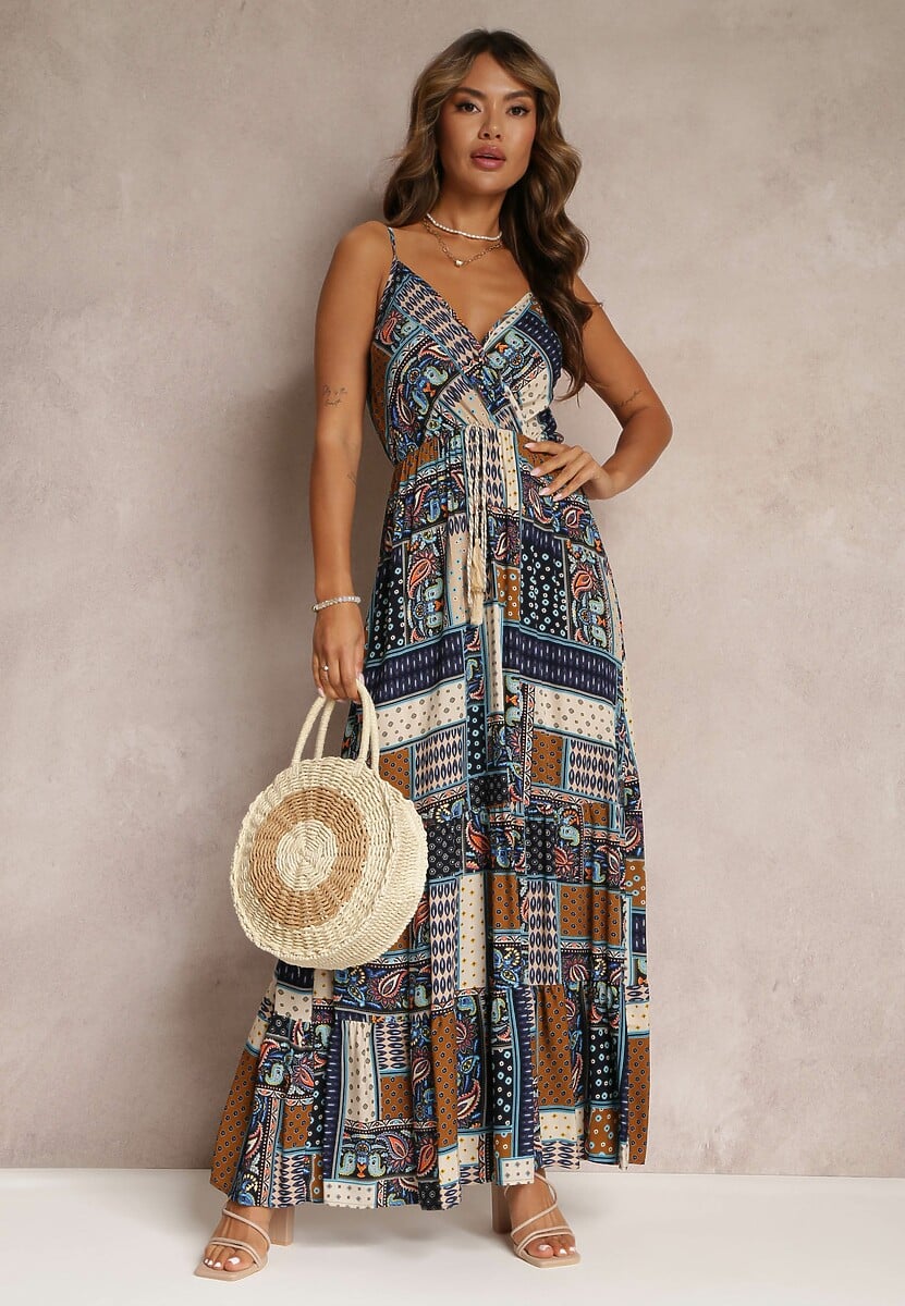 Granatowa Wiskozowa Sukienka o Kopertowym Kroju w Print Patchwork Grehan