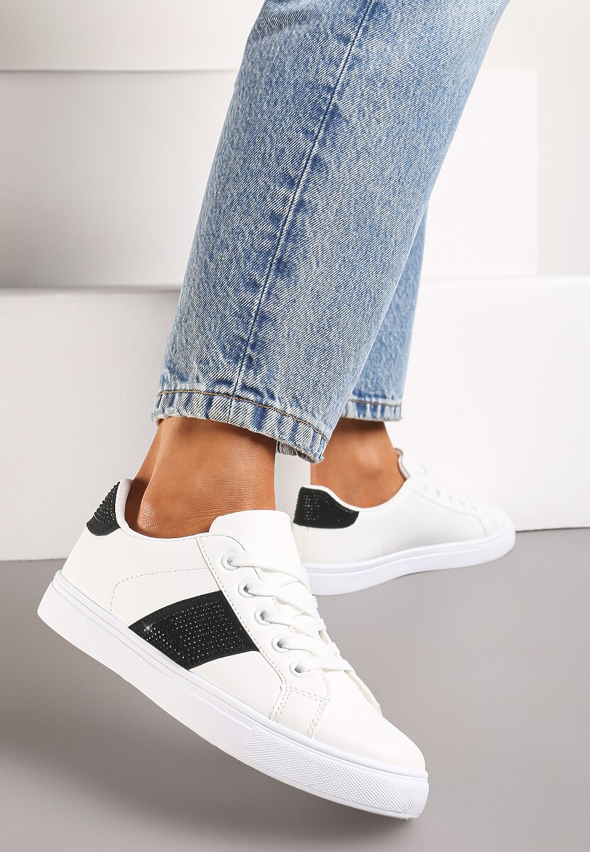Biało-Czarne Sneakersy ze Wstawkami Pokrytymi Cyrkoniami Almarie