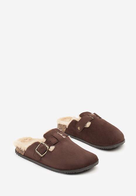 Brązowe Kapcie Typu Chodaki na Podeszwie z Korka Ozdobione Klamrą Alanelle