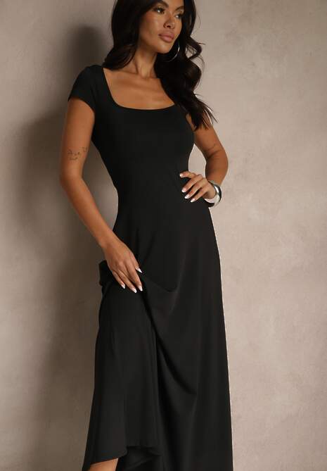 Czarna Rozkloszowana Sukienka z Wiskozą z Kwadratowym Dekoltem Nalorina
