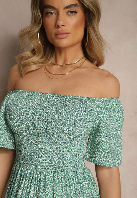 Zielona Bawełniana Sukienka Hiszpanka o Rozkloszowanym Kroju w Kwiaty Sadique