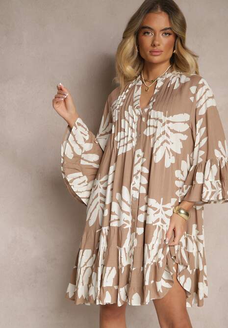 Ciemnobeżowa Koszulowa Sukienka z Wiskozy z Falbankami w Liściasty Wzór Ridiella