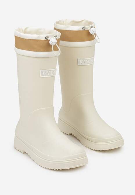 Białe Kalosze Ozdobione Napisem ze Ściągaczem przy Cholewce Voslia