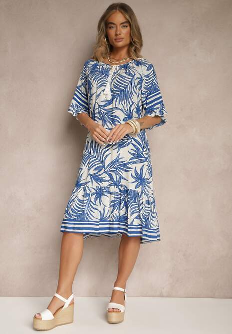 Niebieska Pudełkowa Sukienka Zdobiona Roślinnym Printem i Wiązaniem przy Dekolcie Miranissa