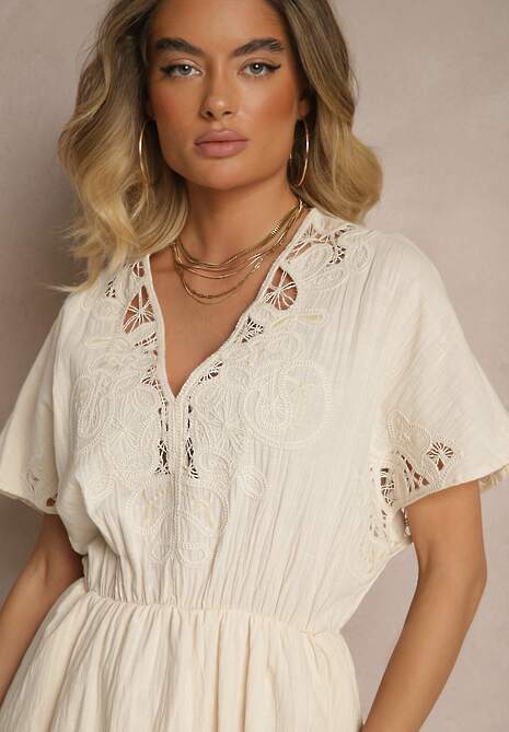 Beżowa Bawełniana Sukienka w Stylu Boho z Kieszonkami Orrane