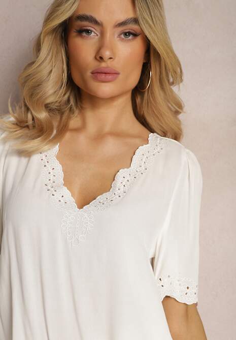 Biała Bluzka z Wiskozy z Haftowanymi Wstawkami Exalia