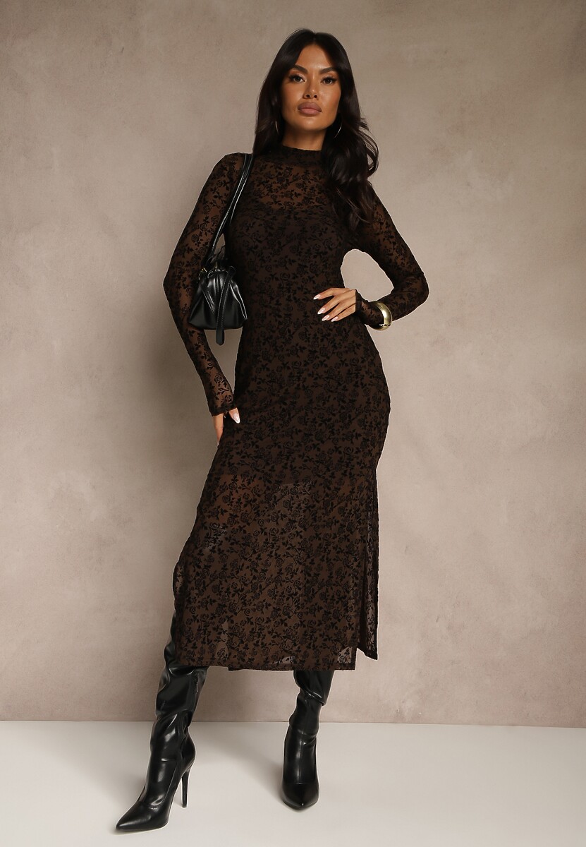 Brązowa Koktajlowa Sukienka z Wiskozą w Welurowe Kwiaty Amette