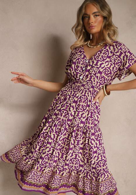 Ciemnofioletowa Sukienka z Bawełny z Trójkątnym Dekoltem i Gumką w Talii Zapinana na Guziki Lavlea